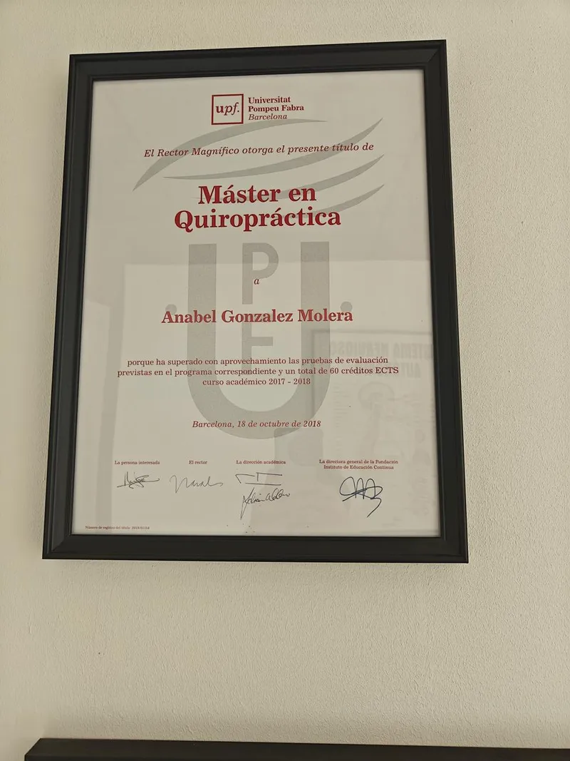 Máster en Quiropráctica — Universitat Pompeu Fabra — otorgado a Anabel González Molera, octubre 2018